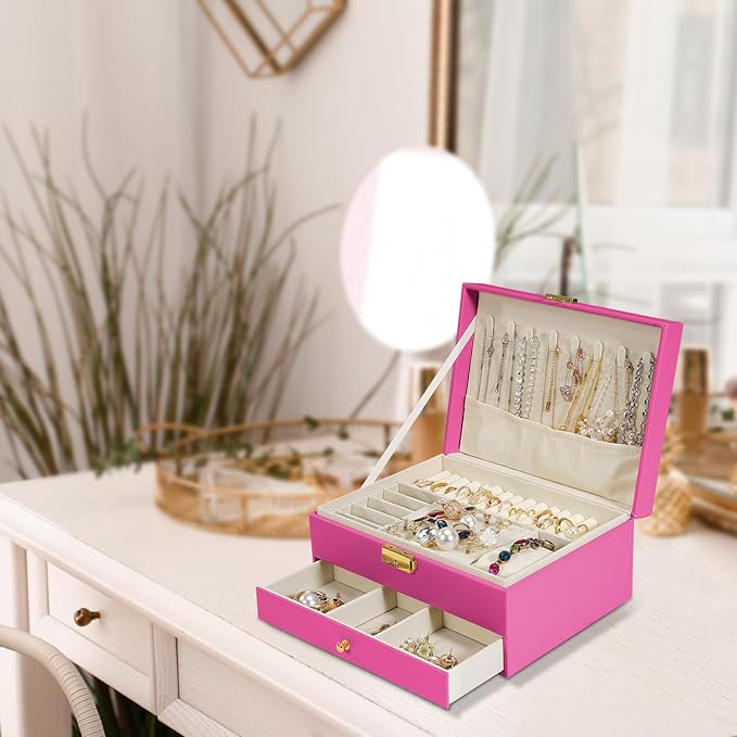 2-Layer Jewelry Box for women, jewelry organizers and storage with Removable Jewelry Tray, vintage quilted top Lockable Jewelry Holder Gift Idea Rose Red