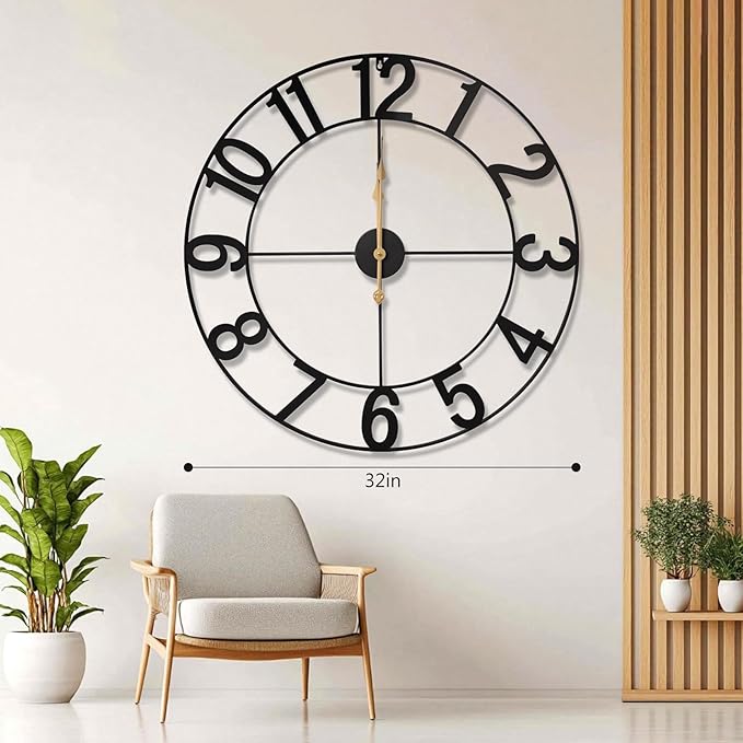 30-Inch Silent Non-Ticking Indoor Outdoor Wall Clock, Battery Operated Vintage Farmhouse Metal Clock with Arabic Numerals for Patio, Pool, Garden, Living Room, Kitchen Decor - Black
