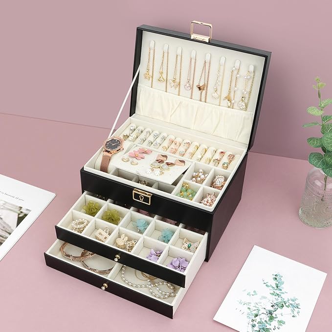 DesignSter Jewelry Box,Jewelry Organizer with 2 Drawers, 3 Layers Leather Jewelry Storage Box with Lock, Jewelry Storage Case for Necklaces Earrings Bracelets and Rings（Black）