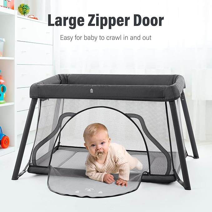 Travel Crib, Portable Crib for Baby, Pack and Play for Babies and Toddler, Lightweight Backpack Design,Foldable Travel Baby Playpen with Mattress(Dark Grey)