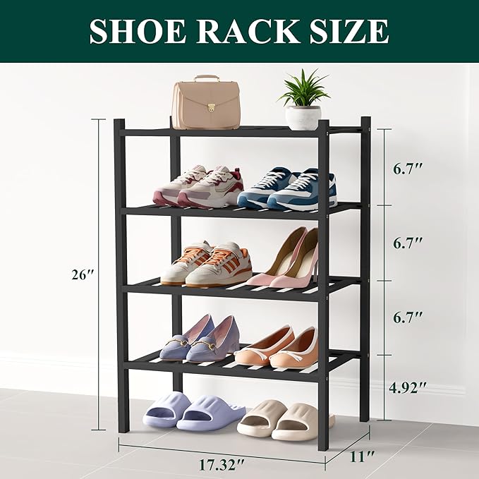 Smiry Bamboo Shoe Rack for Closet, 4 Tier Small Wooden Stackable Shoe Organizer, Free Standing Shoes Storage Shelf for Entryway, Front Door Entrance, Black