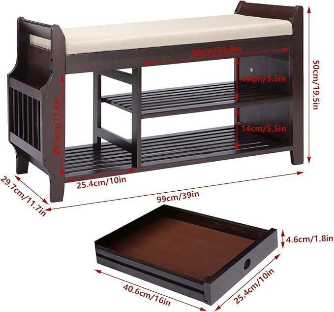 Bamboo Shoe Storage Bench, 3-Tier Shoe Rack with Padded Seat Cushion, Shoe Organizer Shelves for Entryway, Living Room, Bedroom, Hallway, White 39”