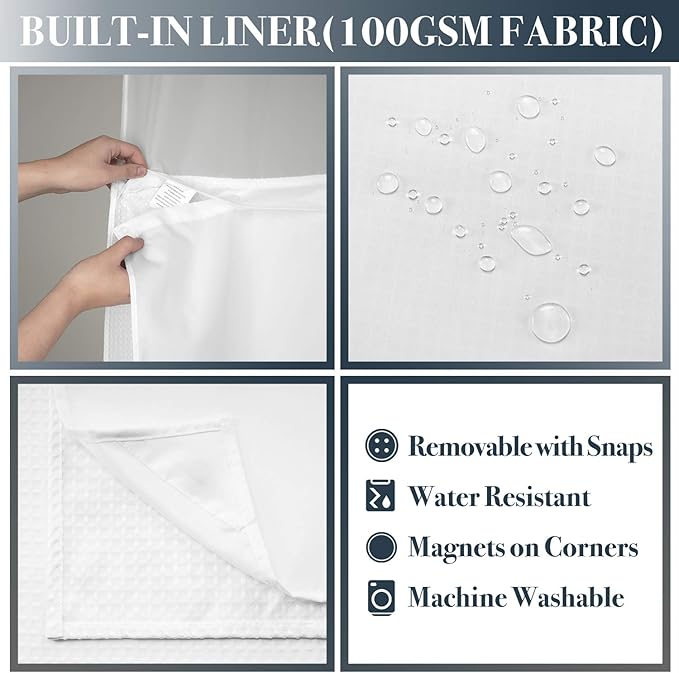 N&Y HOME Waffle Weave Shower Curtain with Snap-in Fabric Liner Set, 12 White Hooks Included - Hotel Style, Waterproof & Washable, Heavyweight Fabric & Mesh Top Window - 71x72, White