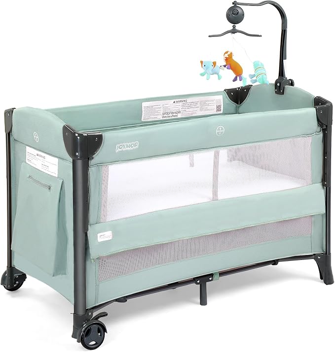 JOYMOR Baby Bassinet, Pack and Play with Bassinet and Carry Bag, Convert to Bedside Sleeper with Toy, Wheels for Boys Girls (Green)