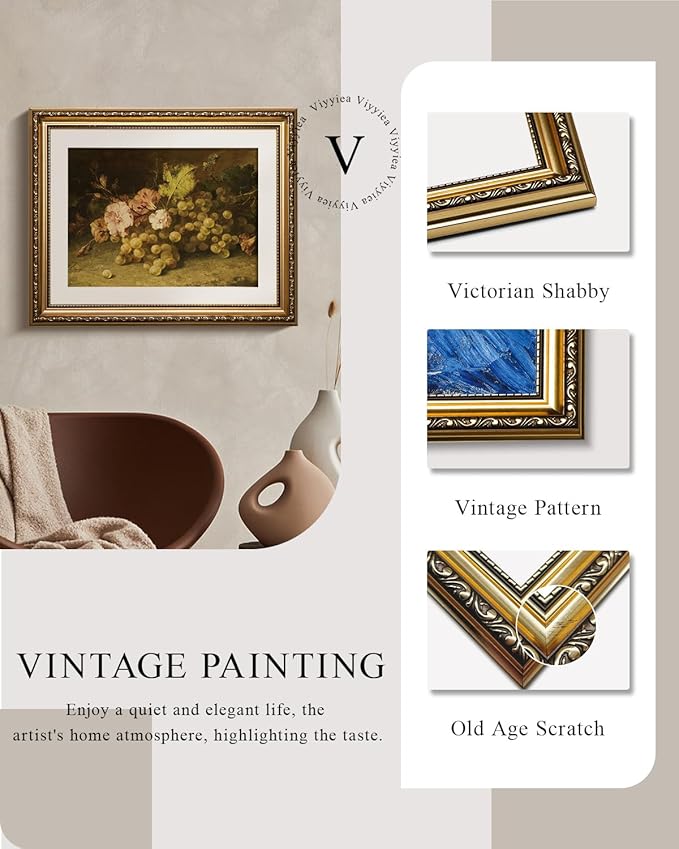 VIYYIEA Gold Framed Wall Art Canvas Print Home Decor Fruit Vintage Oil Painting Prints Modern Flowers Grapes Pictures Decor Still Life Wall Decor Artworks for Kitchen Farmhouse Office Bathroom 13x16in