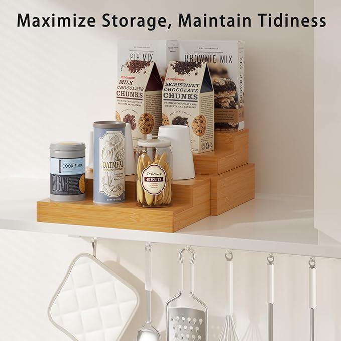 Spice Rack, Bamboo Spice Rack Kitchen Cabinet Organizer Expandable - Bamboo 4 Tier Figurine Display Shelf, Adjustable Magnetic 4 Tier Spice Racks, Brown