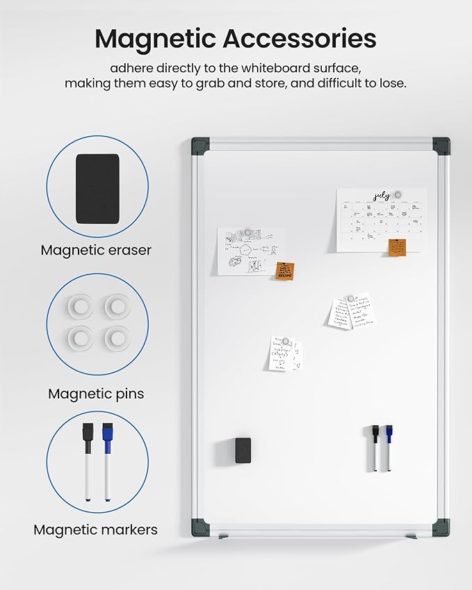 VUSlGN 3PCS Magnetic White Board kit for Wall 36" x24", 3 Dry Eraser & 6 Multicolor Markers & 12 Magnetic Pins, Sliver Reinforced Aluminum Frame for Home, School, Office