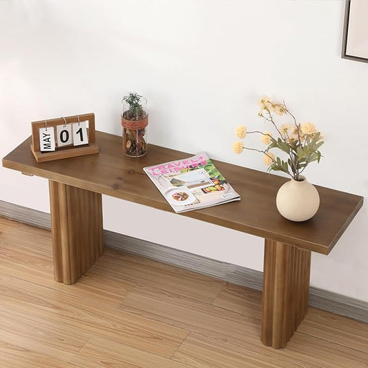 Solid Wood Entryway Bench - 43.3" Fluted Farmhouse Bench, Indoor Long Dining Benches Seat Narrow End of Bed Benches for Entry Way, Kitchen, Living Room and Bedroom, Brown