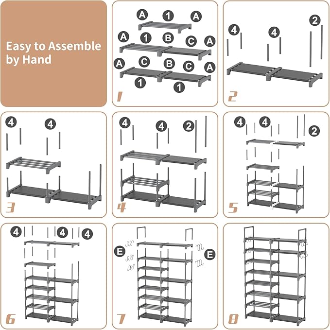ROJASOP Shoe Rack, Shoe Storage Organizer for Closet Entryway Garage Bedroom, 8 Tier Tall Metal Shoe Shelf for 26-32 Pairs Boots & Shoes, Adjustable Shoe Stand for Small Space