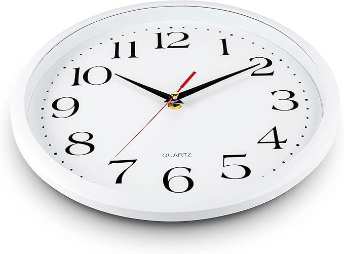 Bernhard Products White Wall Clock Silent Non Ticking, 12 Inch Quality Quartz Battery Operated Round Easy to Read Home/Office/Kitchen/Classroom/School Sweep Clock, Black Hands
