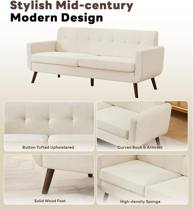 Tbfit 77.2" W Linen Sofa Couch, Mid Century Modern Decor Loveseat Couches for Living Room, Button Tufted Upholstered Small Couch for Bedroom, Solid, and Easy to Install Love Seats Furniture, Beige