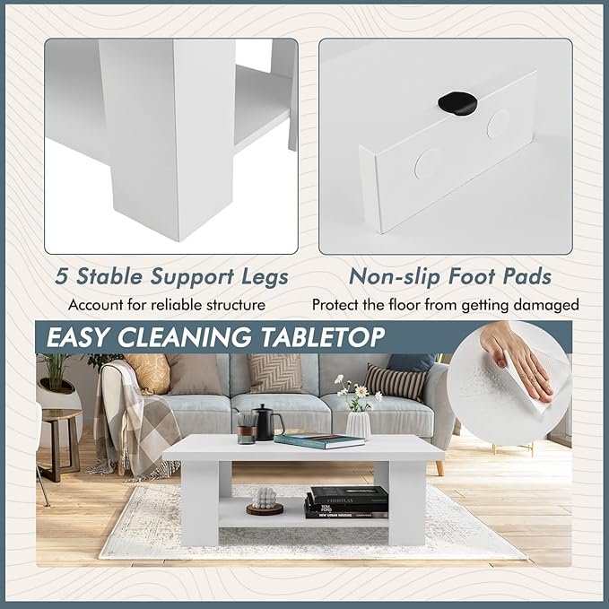 Tangkula 2-Tier Coffee Table, Modern Rectangular Center Cocktail Table with 5 Support Legs, Wooden Accent Living Room Furniture, Small Coffee Table for Small Spaces, Easy Assembly (White)