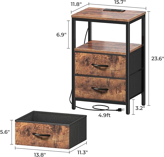 Huuger Nightstands Set of 2, End Tables with Charging Station, Fabric Drawers, Bedside Tables with USB Ports and Outlets, Night Stands for Bedroom, Rustic Brown
