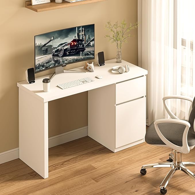 furtble White Desk with Drawers, 55 Inch Small Cute Desk for Bedroom, Home Office PC Desks Workstation Study Table Desks with Storage, White