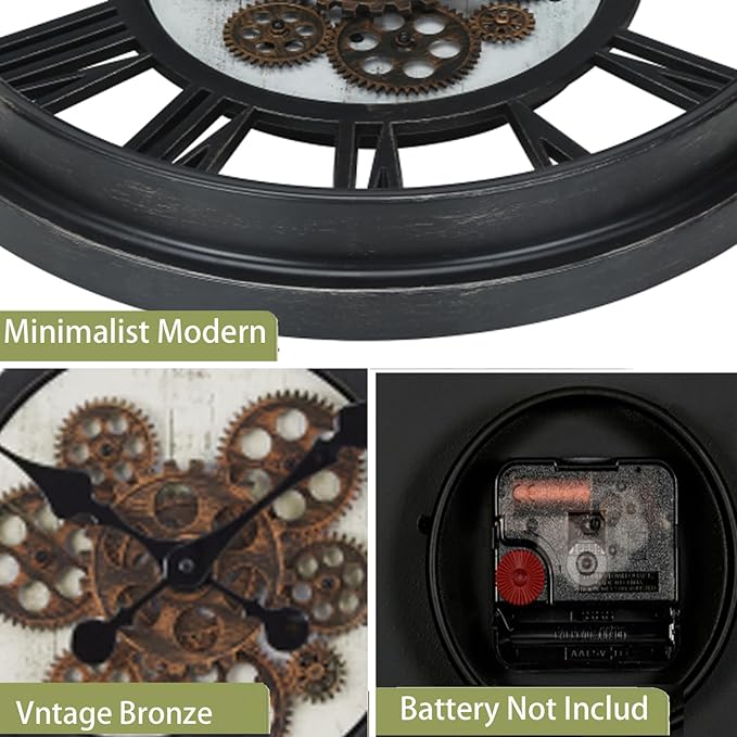 20 Inch Retro Black Wall Clock, Silent Non-Ticking Battery Operated Round Vintage Clock with Moving Gears,Decorative Living Room, Kitchen, Bedroom Decor