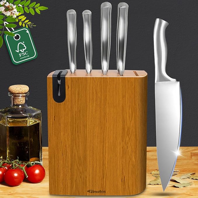 Knife Set - 6pcs Kitchen knife set with block and sharpener, Premium Stainless Steel Knife Set Prevent Rusting with Uniquely Designed Wood knife Block, Ultra Sharp Knives with Ergonomic Handle