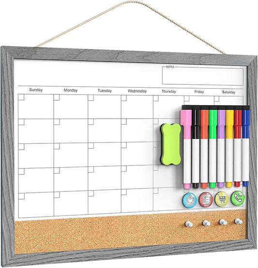 Calendar Whiteboard for Wall, 17x13 Inches Dry Erase Calendar Cork Board Combo, Magnetic Monthly White Board with Wood Framed, Hanging Dry Erase Board for Home Kitchen Office Planner Memo