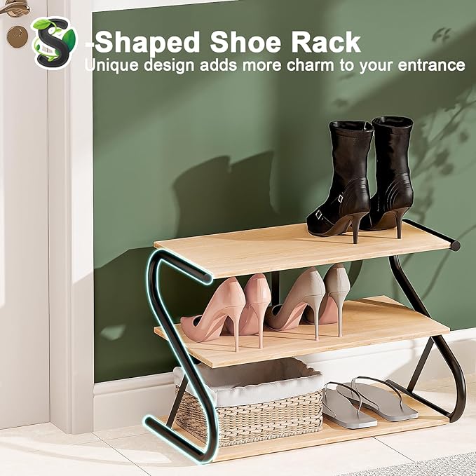 Shoe Rack, Z-Frame Wooden 3-Tier Shelf with Durable Metal Shelves, Shoe Organizer for High Heels, Hallway, Living Room, Closet, Bedroom (Natural Wood)