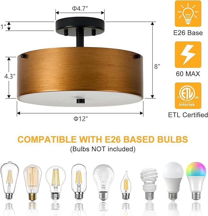 Gold Semi Flush Mount Ceiling Light, Modern Drum Chandelier with Brass Gold Metal Shade, Vintage Close to Ceiling Light for Kitchen Entryway Bedroom Laundry Room, 3-Light, 12 Inch