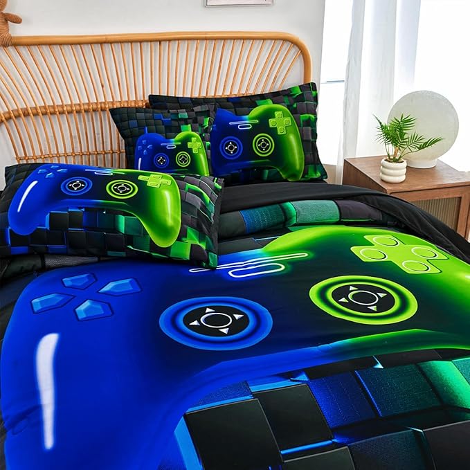 PERFEMET Gamer Comforter Queen Set 6 Pieces Blue and Green Game Console Boys Bedding Set with Sheets Soft Fluffy 3D Video Game Bed in a Bag for Kids Teen(Blue Green, Queen)