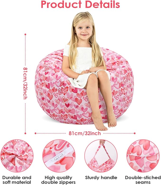 Bean Bag Chair for Kids Stuffed Animal Storage Beanbag Chairs,Toddler Toy Storage Organizer for Girls and Boys,32'' Cover Only（No Filling)