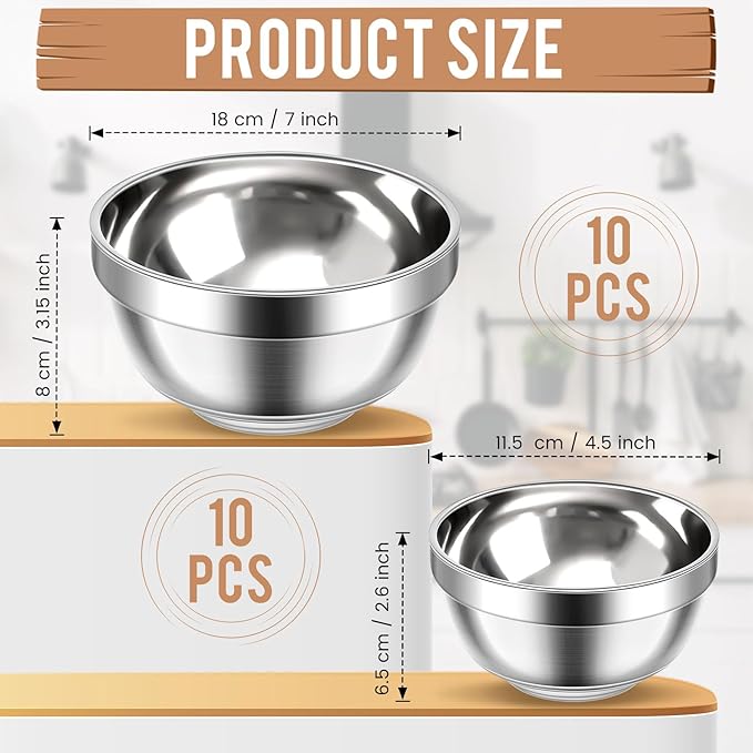 20 Pack 304 Stainless Steel Bowls Set 13 oz 34 oz Metal Double Walled Insulated Snack Mixing Lightweight Multipurpose Toddler Dinner Bowls for Ice Cream, Cereal, Snack