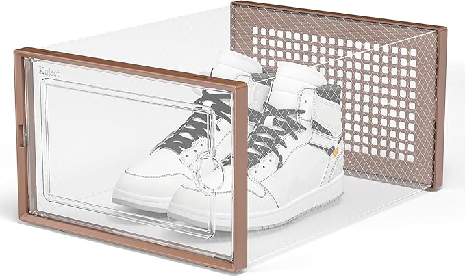 Kuject X-Large Shoe Storage Boxes Organizers for Closet 12 Pack, Fit Size 11,Clear Plastic Stackable Sneaker Containers for Entryway, Space Saving Shoe Rack,Substitute for Drawer Organize Unit, Brown