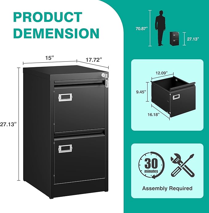 SISESOL 2 Drawer File Cabinet with Lock,Narrow Vertical Filing Cabinet,Under Desk File Cabinets,Black Metal File Cabinets for Home Office,Fit Letter Size,Files Folder,Easy Assemble