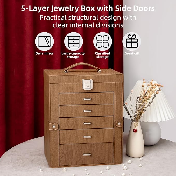 6 Tier Jewelry Box, Jewelry Case with 5 Drawers, Large Storage Capacity, with Mirror, Lockable, Jewelry Storage Organizer, Gift for Loved Ones