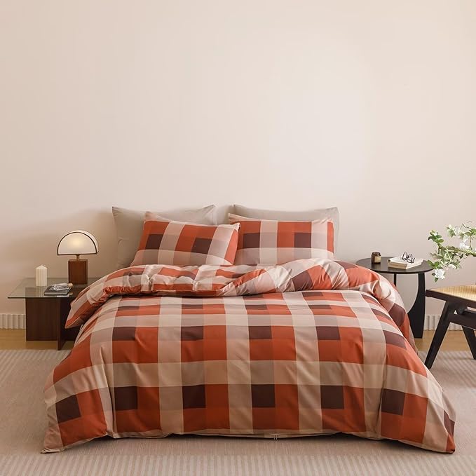 Orange Beige Checkered Comforter Set King Size Brown Plaid Bedding with Matching Pillows Modern Minimalist Bedroom Decor Soft & Breathable, King Size