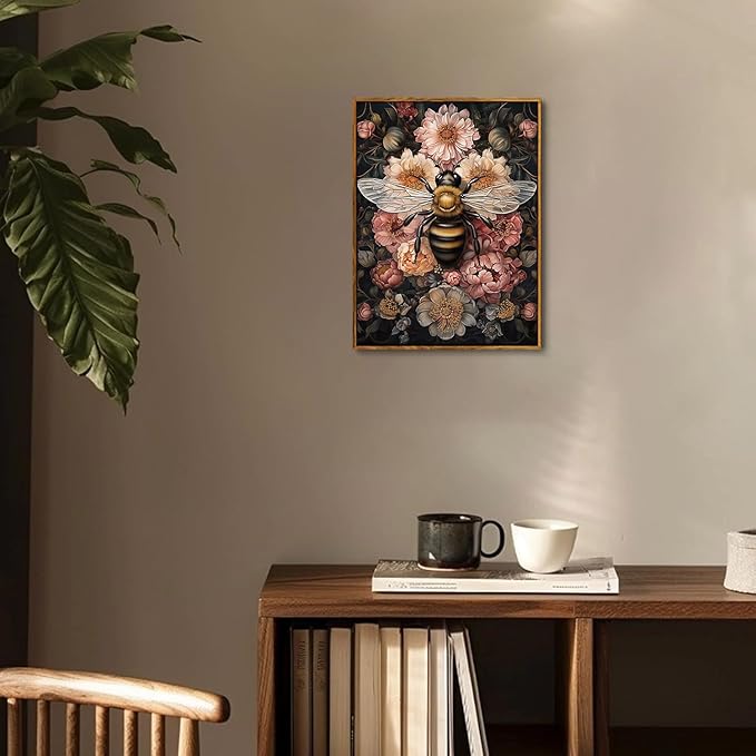 Djmwtb Vintage Framed Wall Art Bee Canvas Wall Art Prints Botanical Floral Pictures Flower Painting Wall Decor Artwork for Living Room Bedroom Bathroom Office 16x24in