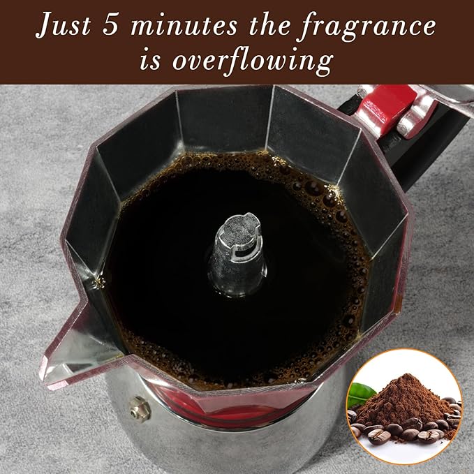 Stovetop Espresso Maker, 3Cup Moka Pot, Espresso Machine Compatible with Induction Cooktops, 150ml Stainless Steel & Aluminum Cuban Coffee Maker for Cafetera Cubana, Red