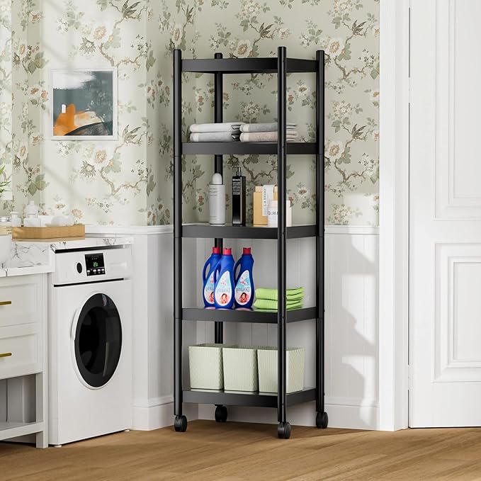 VETALLO Metal Shelves 5 Tier Shelving Units,Estantes para Cocina,Storage Rack Shelf for Kitchen,Garage, Pantry, Closet Organizer, Utility Narrow Racks Carts with Wheels (15.7" L x 11.8" W x 54.3" H)