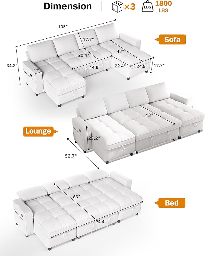 Vipbear Sleeper Sectional Sofa, 105" U Shaped Couch with Pull Out Bed, Convertible Chenille Cloud Sofa with Reclining Backrest | Double Storage Chaise | USB Ports | Tool-Free Assembly | Beige