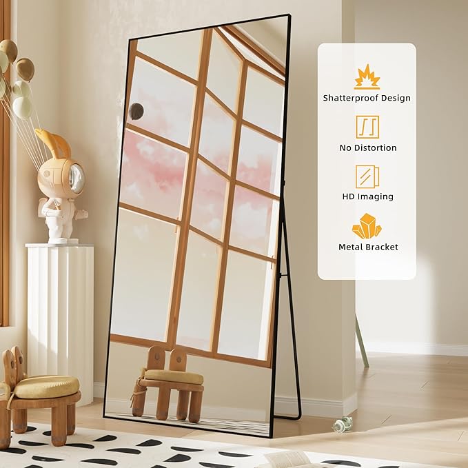 FANYUSHOW Full Length Mirror, Standing Hanging or Leaning Body Mirror, Simple Rectangle Design, Aluminum Alloy Thin Frame, Floor Mirror for Bedrooms, Bathrooms, Living Room 65"x22" (Black)