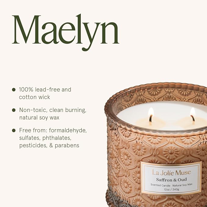 LA JOLIE MUSE Saffron & Oud Scented Candle, Candles for Home Scented, Large 2-Wick Soy Candles, Luxury Jar Candle Gifts for Women & Men, 60 Hours Long Burning, 12oz
