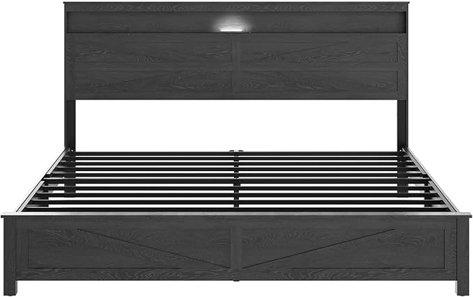Farmhouse Wooden Bed Frame King Size with Storage Headboard, Boho Platform Bedframe with LED Lights and Charging Station, Metal Slats Support, No Box Spring Needed, Black