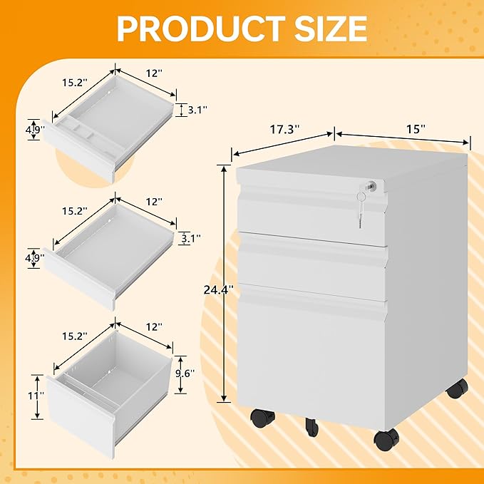 STANI Mobile File Cabinet with Lock Under Desk 3 Drawer Metal Filing Cabinet Locking Office Mobile Cabinet with Wheels Under Desk Office Drawers Rolling Mobile File Cabinet Fully Assembled