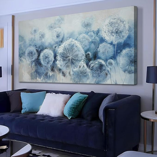 Arjun Flower Wall Art Indigo Blue Dandelion Floral Canvas Painting Watercolor White Textured Modern Artwork Framed for Living Room Bedroom Dinning Room Home Office Wall Decor, Extra Large Size 58"x29"