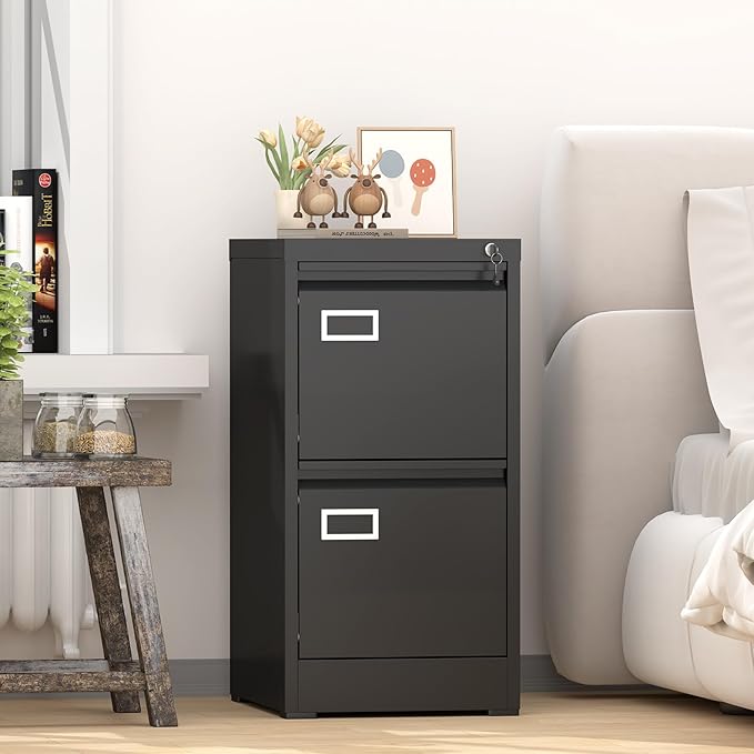 GREATMEET 2 Drawer File Cabinet with Lock, Small Metal File Cabinets for Home Office 2 Drawer, Black Vertical Filing Cabinets for Letter/Legal/A4/F4 Size File,Assembly Require