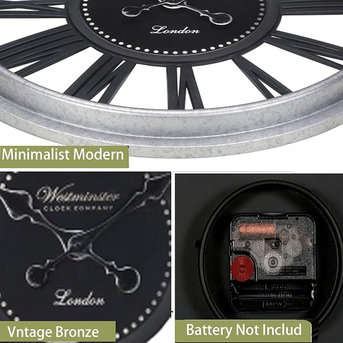 16 Inch Retro Black Wall Clock, Silent Non-Ticking Battery Operated Round Vintage Clock with Roman Numerals,Decorative Living Room, Kitchen, Bedroom Decor