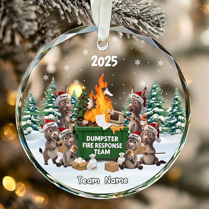 NAZENTI Personalized Funny Donkey Fire Response Team Glass Ornament, Custom Flaming Dumpster Holiday Piece, Coworker Christmas Tree Hanging Decoration
