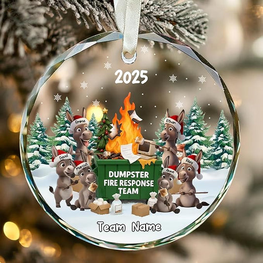 NAZENTI Personalized Funny Donkey Fire Response Team Glass Ornament, Custom Flaming Dumpster Holiday Piece, Coworker Christmas Tree Hanging Decoration
