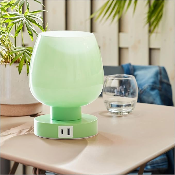 Touch Bedside Table Lamp with USB Charging - Modern Green Small Lamp for Bedroom Living Room Nightstand, Desk lamp with Glass Lamp Shade, Warm LED Bulb Included, 3 Way Dimmable, Simple Design