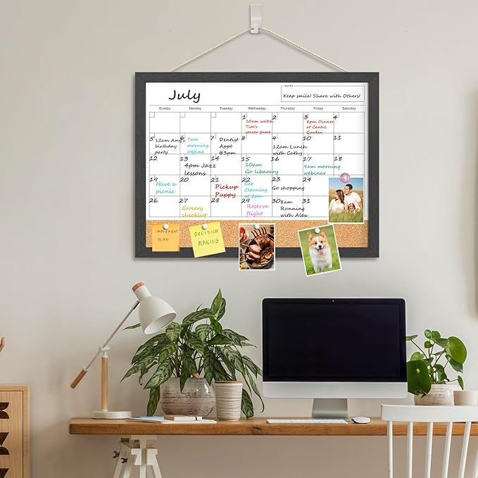 Dry Erase Calendar for Wall, 18x24 Inches Calendar Whiteboard for Wall, Magnetic Monthly White Board Corkboard with Wood Framed, Hanging Dry Erase Board for Kitchen Home Office School Planner