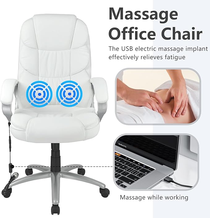 FDW Office Chair Massage Computer Chair High Back Adjustable Desk Chair Rolling Swivel Executive Chair PU Leather with Lumbar Support Arms Headrest Task Chair,White