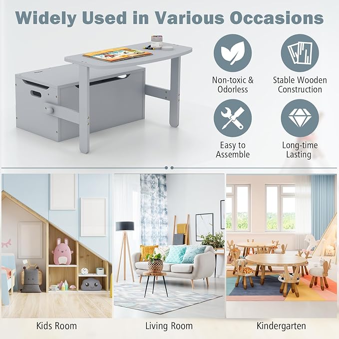 HONEY JOY Kids Table and Chair Set, 3-in-1 Convertible Wooden Toy Storage Bench with Handle, Toddler Furniture Set for Daycare Playroom, Gift for Boys Girls 3+ (Gray)