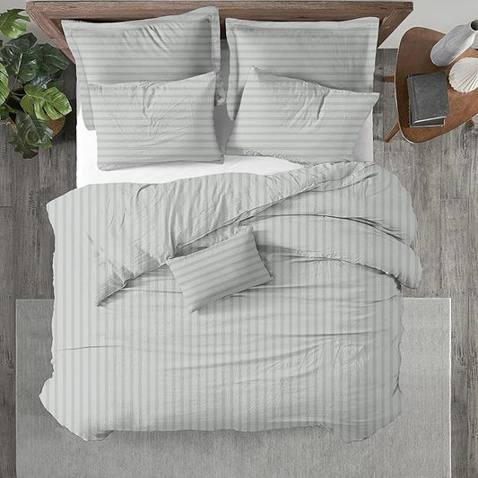 Kotton Culture 1 Pc Twin Size Duvet Cover Only -100% Egyptian Cotton Sateen 600 TC Ultra Soft Premium Durable Comforter Cover Zipper Closure & Corner Ties (Striped Silver, Twin/Twin XL 68" X 90")