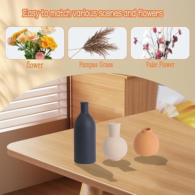 Ceramic Vase Set of 3, Rustic Modern Brown Vases for Bouquet, Fresh or Dried Plants, Home Decor-Modern Decorative Ceramic Flowers Vase for Rustic Home Decor (White-Dark)