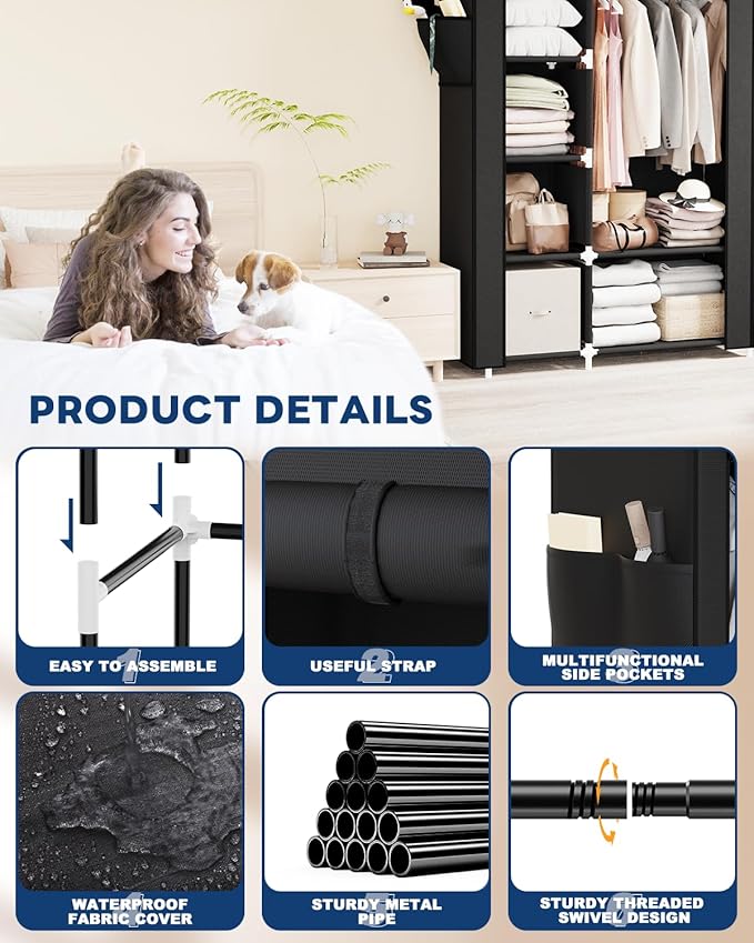 Mavivegue Portable Closet,Portable Closet,Wardrobe,Storage Closet with Cover,Free Standing Closet for Bedroom,Black,2 Rows, 43" W x 18" D x 64" H